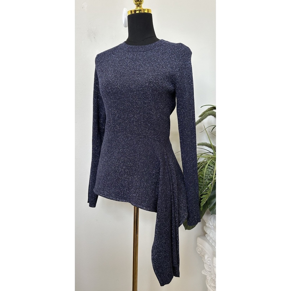 3.1 Phillip Lim Metallic Rib Knit Top Lurex Shimmer Side Tie Blue Asymmetric L